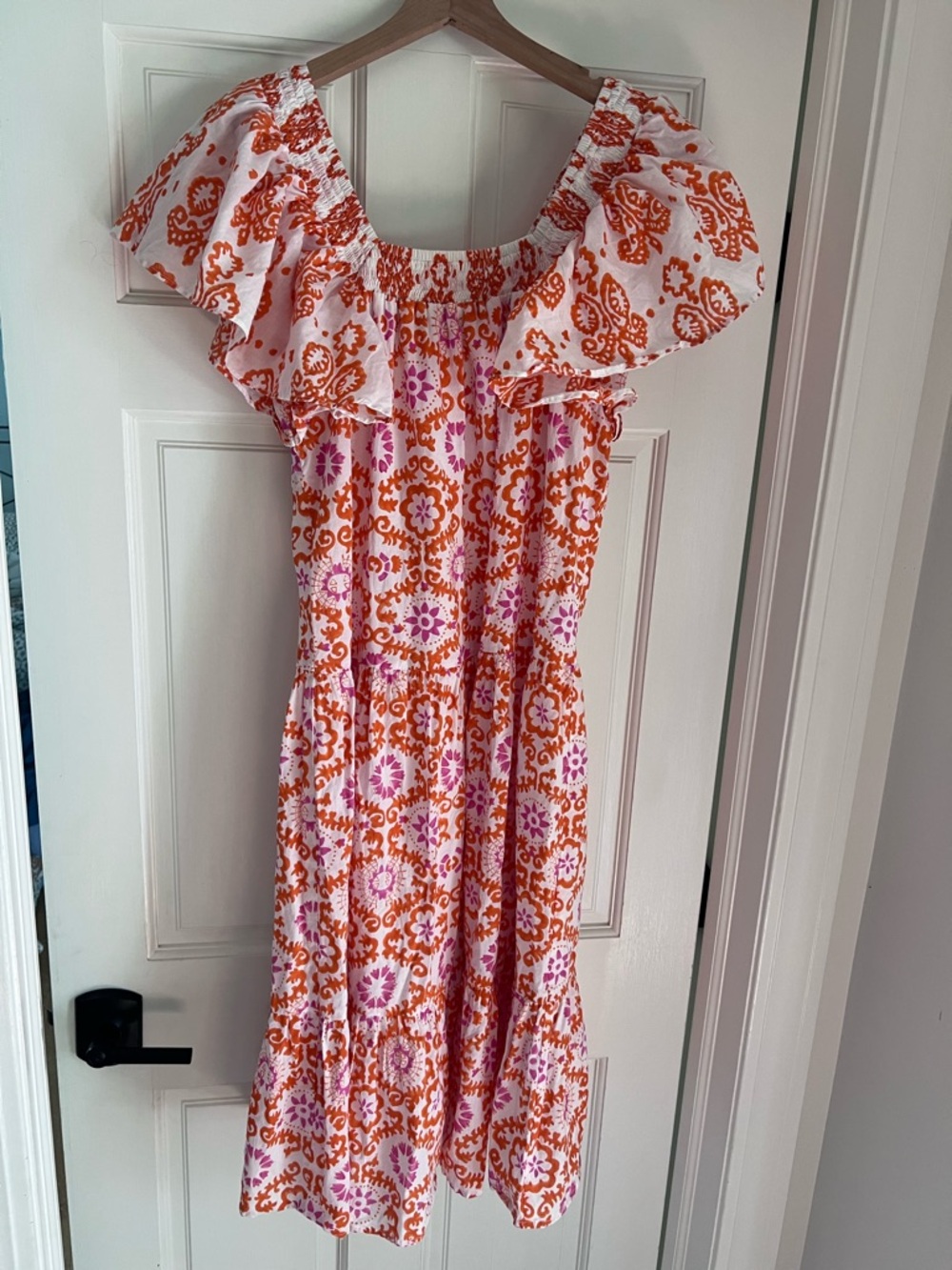 Ro’s Garden Small Orange Pink Block Print Flutter Sleeve Smocked Midi Dress